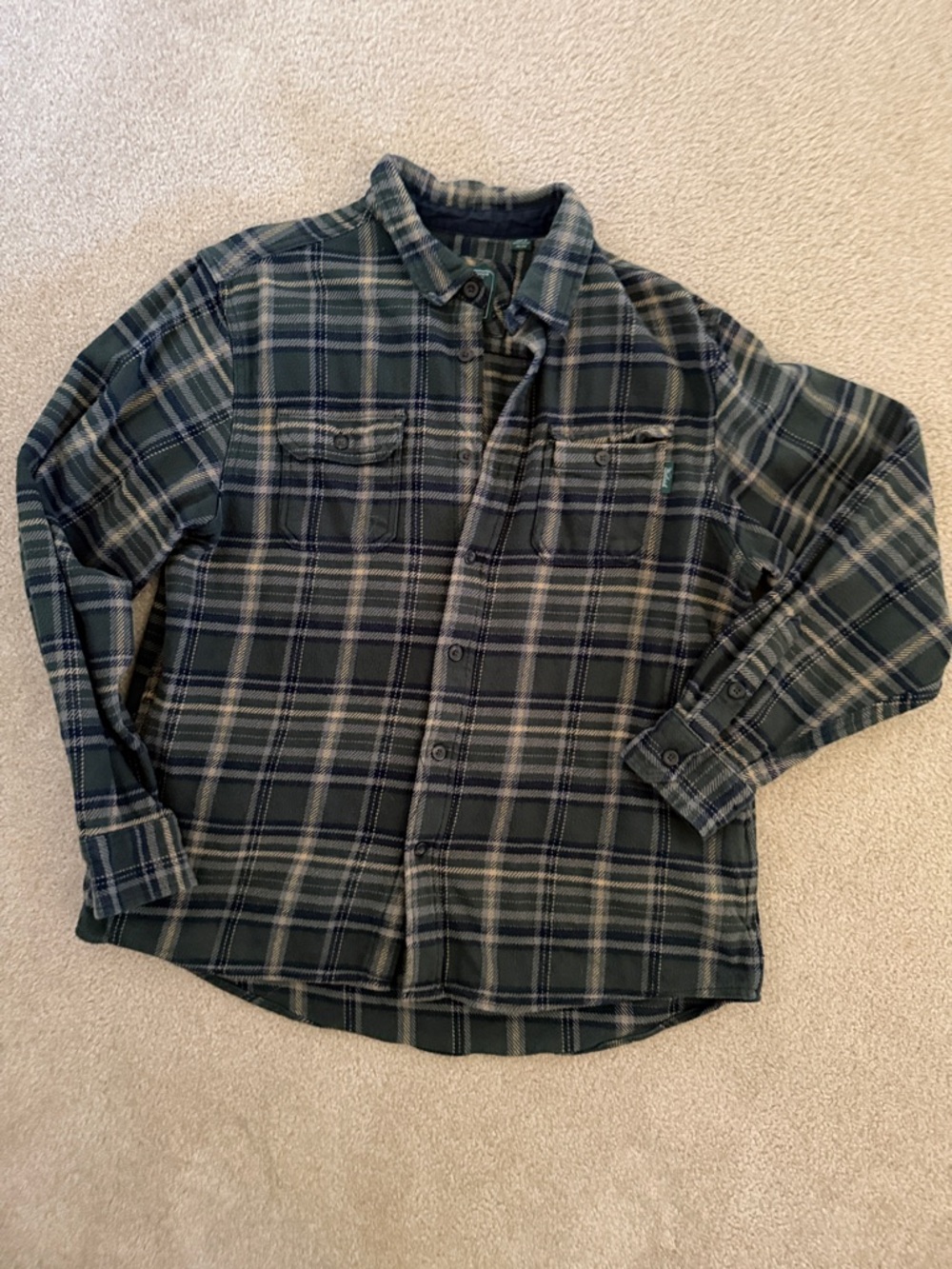 Woolrich Green and Navy Plaid Flannel Shirt with Tan Accents